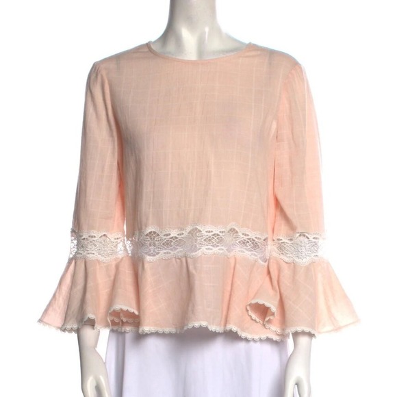 Jonathan Simkhai Bateau Neckline Three-Quarter Sleeve Ruffle Blouse Pink Small - Picture 2 of 9